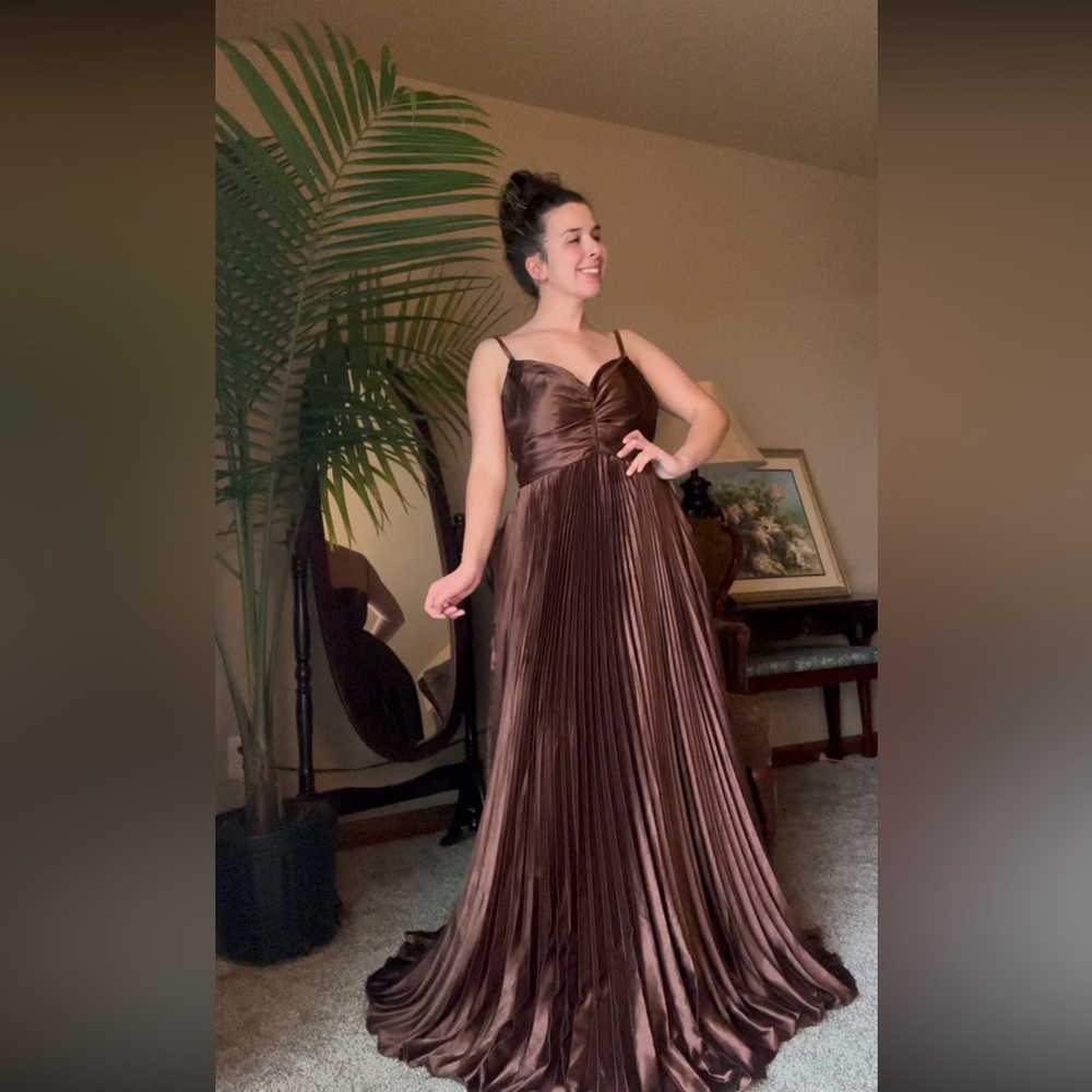 Elegant Brown Satin Pleated Evening Gown